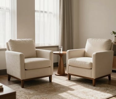A high-end, serene therapy office in North America with soft natural light, featuring two comfortable upholstered chairs in ivory fabric, a small wooden side table with a glass of water, and a neutral-toned rug, tan and ivory color palette.
