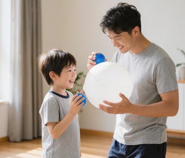 parent teaching kid about planet saturn with 2 balls
