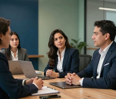 Photography of a group of Latin American business professionals engaged in a strategic meeting within a modern office, warm lighting, deep blue and sage green elements in the environment.