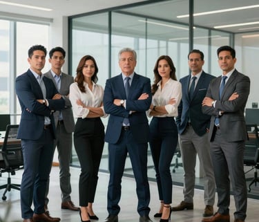 Full-length shot of a professional Latin American consulting team standing together in a modern, glass-walled office, looking confident.