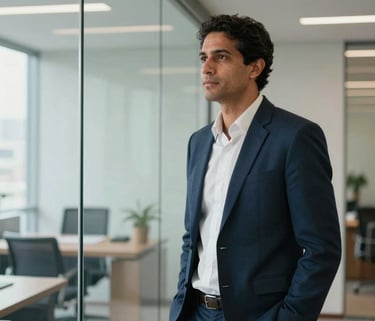 Professional photography of a South American businessman in a light-filled modern office in São Paulo, standing by a glass wall, corporate attire, confident expression, natural soft lighting, steel blue and white tones.
