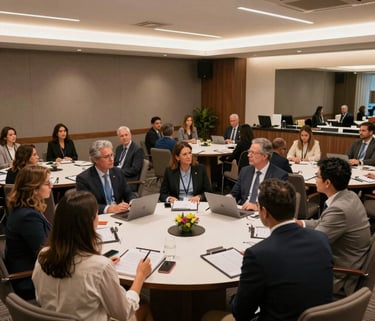 Wide shot of a professional workshop in a modern Brazilian hotel conference room, participants seated at round tables, vibrant but serious professional atmosphere.