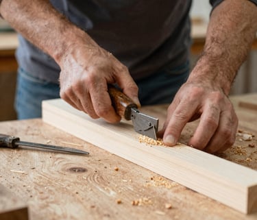 A craftsman carefully engraving a wooden panel with a laser in a cozy workshop.