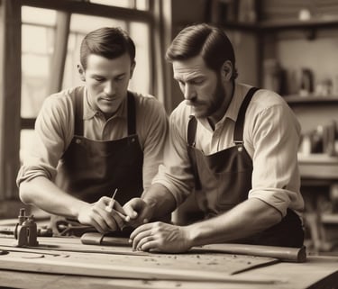 Portrait of the founder of Fajardo Equipamientos in his workshop surrounded by handcrafted furniture.