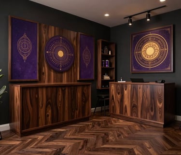 A wide angle shot of a professional esoteric studio in Brazil, featuring elegant dark wood and subtle mystical decorations in purple and gold.