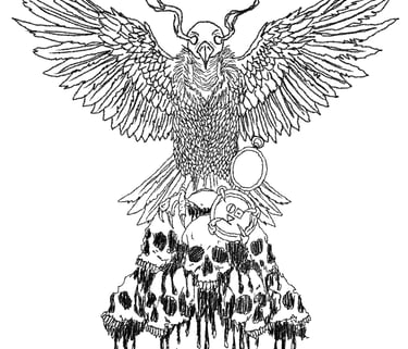 A gothic line art illustration of a horned raven perched on a pile of dripping human skulls.