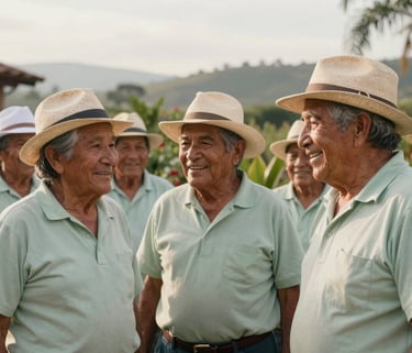 Warm photography of a group of seniors smiling together in a garden in San Alfonso, Huila, Colombian countryside, morning light, light sage tones.
