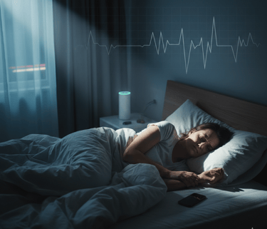 Woman sleeping in bed while a smart speaker tracks her sleep cycle and heart rate monitor data.