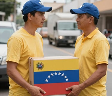 A smiling delivery person handing a package to a happy family at their doorstep.