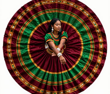 A professional South American / Brazilian Amazonian photograph of a vibrant Carimbó dance rehearsal. A dancer spins a wide, colorful skirt with rich deep carmine red and forest green patterns. Cropped into a distinct, perfect circle format.