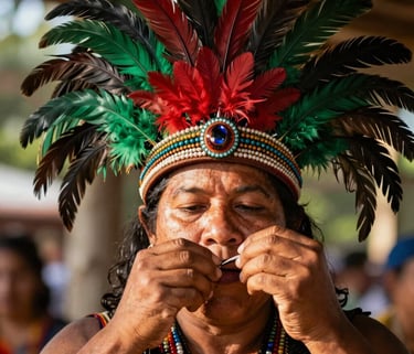 A close-up photograph of a South American / Brazilian Amazonian artisan crafting a traditional colorful carnival headpiece in Santa Bárbara do Pará. Warm natural sunlight illuminates the textured feathers and beads in carmine red and deep forest green. Professional artistic style.