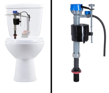A collage showing a toilet fill valve and where its located in the tank.