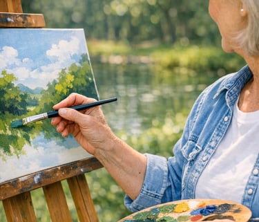 Mulher pintando ao ar livre com paleta e pincel nas mãos criando uma paisagem em meio a natureza