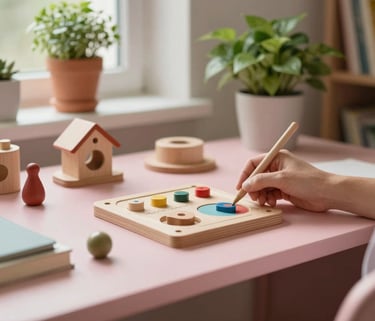 A warm and elegant Southern European / Italian study room with wooden educational toys and soft green plants on a soft pink desk, natural light, nurturing atmosphere.