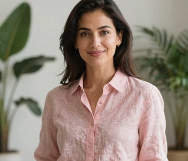 A professional woman with dark hair in a soft pink linen shirt, smiling gently in a bright Italian interior with plants, elegant photography style.