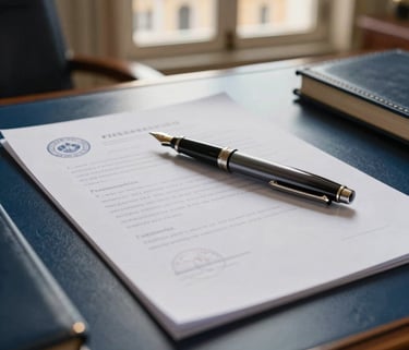 A professional Brazilian administrative office desk featuring a high-quality fountain pen resting on official embossed parchment documents, with warm sunlight streaming through a window showing colonial architecture in the background, sophisticated and reliable mood, medium blue and gold color accents.