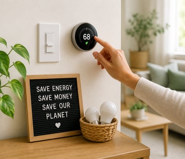 Adjusting a smart thermostat and using energy-efficient lighting to reduce household energy use.