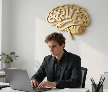 A focused professional in a minimalist white study space with golden geometric wall art, symbolizing cognitive excellence and performance, soft natural light, global/western.