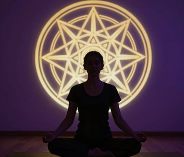 Photography of a person in silhouette meditating against a backdrop of glowing golden sacred geometry patterns in a dark purple room, ethereal and professional, Global / Western.
