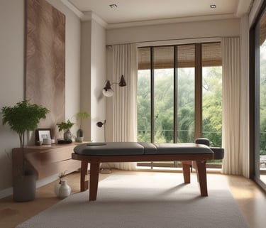 A serene home setting with soft lighting where a massage therapist is preparing for a relaxing session.