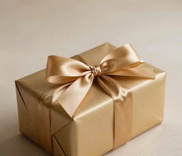 Un coffret cadeau luxueux enveloppé d'un ruban de satin doré, posé sur un fond crème texturé, lumière douce de fin d'après-midi.