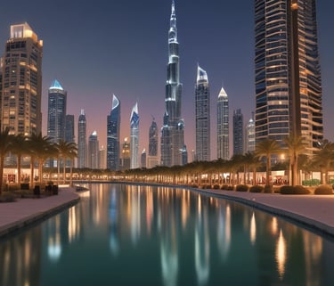 A city skyline blending USA and UAE architecture under a clear sky.