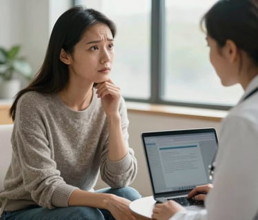 A concerned but hopeful patient talking to a doctor on a laptop screen, North American / US setting, natural window lighting, trustworthy and compassionate mood, wearing a casual sweater.