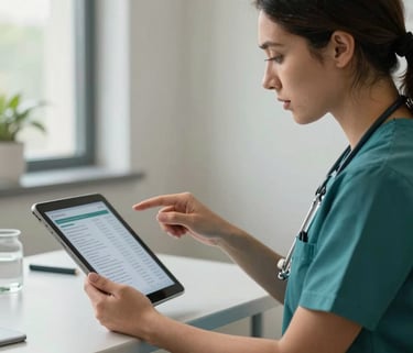 Photography of a health advisor in a North American / US clinic setting, natural light, using a tablet to explain health data, dressed in Sandy Tan and Dark Teal tones.