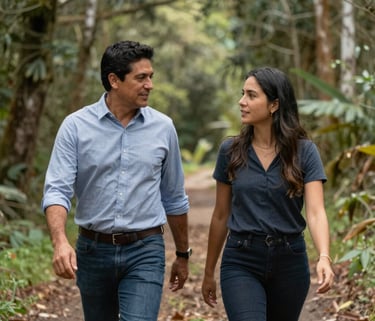 Two founders, a South American / Colombian man and woman, walking through a serene forest path in the Antioquia region, talking professionally, warm natural light.