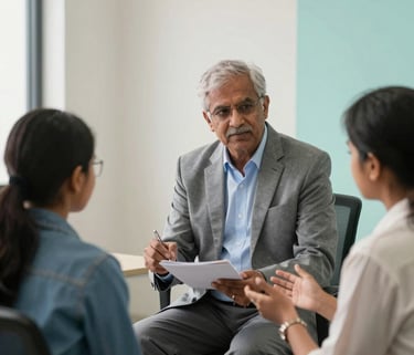 A South Asian senior psychologist in professional attire mentoring a young student in a modern, bright office in India. The setting is professional and calm with off-white walls and seafoam accents.