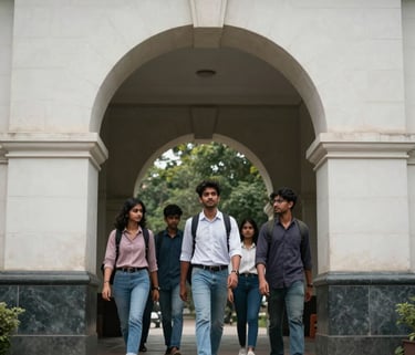 A low-angle shot of a group of South Asian students walking through a modern university archway made of white stone and dark slate accents.