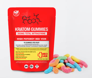 High potency red vein kratom gummies in a red package with sour sugar-coated gummy worms.
