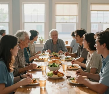 A bright photography of a warm community meal in a North American neighborhood hall, soft sunlight streaming through windows, people sharing a meal and laughing, peaceful and nurturing atmosphere, colors include soft mist and slate blue.