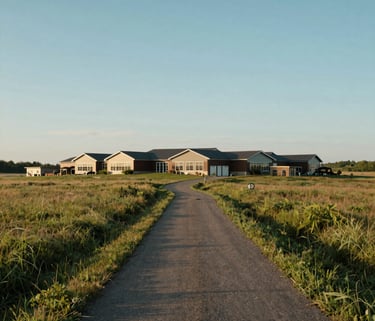 A wide shot of a peaceful North American landscape with a winding path through a grassy field toward a modern community building, soft sky blues.