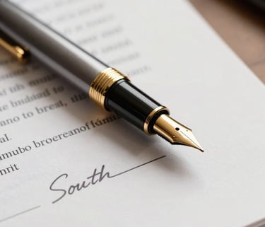 Close-up photography of a professional fountain pen resting on a signed legal document with gold detailing, warm professional lighting, South Asian office context.