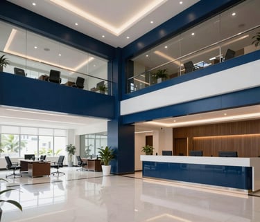 A high-end, professional office lobby in Kochi, Kerala, with a dark blue and white color scheme. The space is bright and airy with modern South Asian architectural touches.
