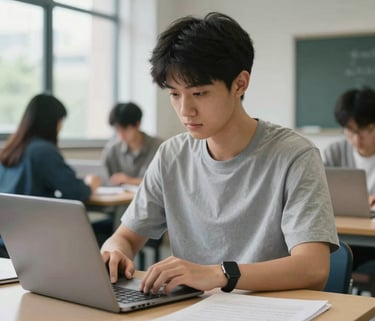 A focused student studying with digital tools in a clean, modern university setting with soft natural light. The aesthetic is professional and academic, featuring tones of silver gray and muted blue in an international city environment.
