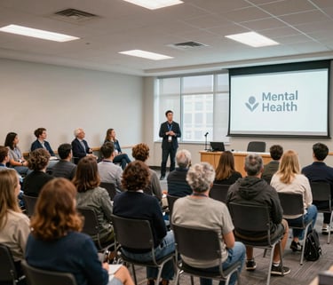 A wide shot of a community seminar on mental health in a bright, modern conference hall in the US, speakers on stage, engaged audience.