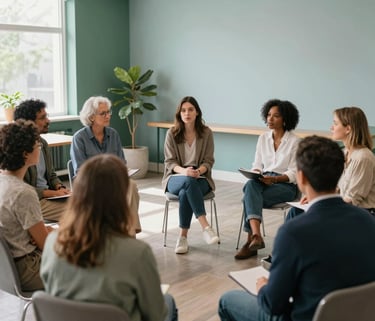 A diverse group of adults in a bright, modern North American community center, engaged in a supportive and open discussion. The room is filled with soft natural light and features calming deep green and light blue accents. The atmosphere is professional, compassionate, and welcoming.