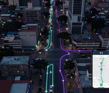 Animated GIF — bird's-eye view of a dense urban street grid in an African city at dusk, vehicle route lines pulsing in cyan and violet along main roads, small vehicle icons moving in real-time along traced paths, phone screen overlay in bottom-right corner showing the 9-5 app route-matching dashboard lit by device glow, dark navy map background with glowing intersection nodes