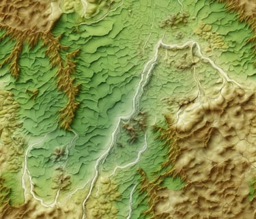 Hands are holding a topographic map and a compass. One hand is pointing at a specific location on the map, indicating navigation or orientation. The map is detailed with green shades, representing terrain or elevation.
