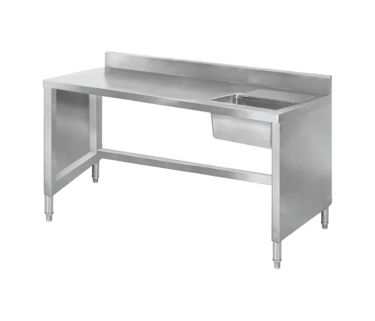 Industrial bench made from heavy duty stainless steel with a built-in sink, splashback, and open base for equipment storage.