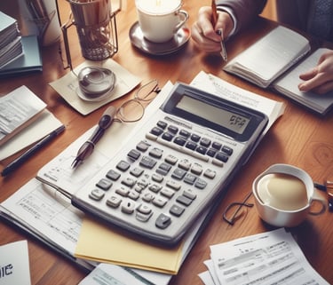 A close-up view of a financial document with printed figures and text, accompanied by a black pen resting on the paper. To the left, a digital calculator displays a number, suggesting it is used for calculations related to the document.