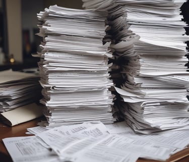 A close-up view of a financial document with printed figures and text, accompanied by a black pen resting on the paper. To the left, a digital calculator displays a number, suggesting it is used for calculations related to the document.