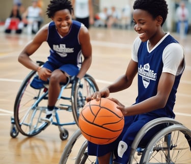 A person is engaged in a wheelchair race, captured in motion. The wheelchair is sleek and aerodynamic, primarily green, with large racing wheels. The racer is wearing a helmet and a sleeveless top, leaning forward with intense concentration. The background is blurred, indicating high speed.