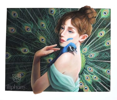 pastelpainting depicting a woman holding a peacock with opened tail feathers in her arms