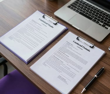 A top-down view of a professional desk in a modern Southeast Asian office featuring organized legal documents, a pen, and a laptop, with soft natural light and purple office accents.
