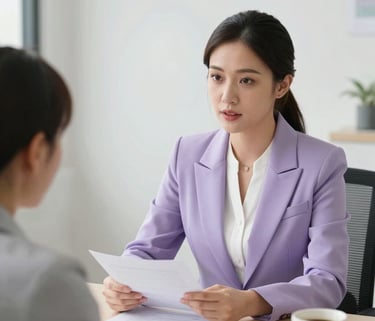 A professional Southeast Asian female consultant in a modern purple and white business outfit sitting in a bright, clean office, having a focused discussion with a client over legal documents. The lighting is soft and natural, emphasizing a trustworthy and educational atmosphere.