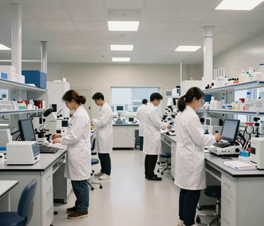 A wide shot of a modern laboratory interior with scientists in white coats moving through a space filled with advanced biotech equipment, steel blue and off-white palette.