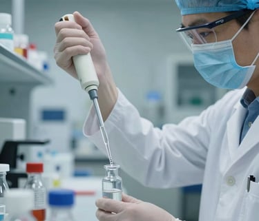 A professional scientist in a sterile laboratory environment using a precision pipette to transfer clear liquid into a glass vial, soft steel blue lighting, North American / International research facility setting.